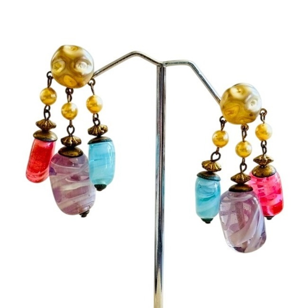 VTG Art Deco Screw Back Swirl Glass Earrings Baroque Pearl Pastel Dangle Flapper